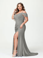 Mermaid Spaghetti Straps V Neck Short Sleeves Plus Size Maxi Dresses Split Side