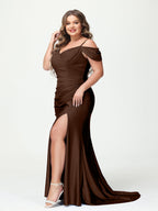 Mermaid Spaghetti Straps V Neck Short Sleeves Plus Size Maxi Dresses Split Side