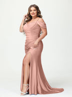 Mermaid Spaghetti Straps V Neck Short Sleeves Plus Size Maxi Dresses Split Side