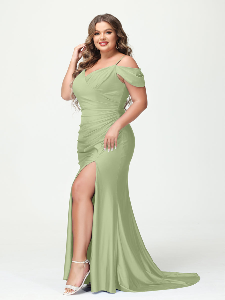 Mermaid Spaghetti Straps V Neck Short Sleeves Plus Size Maxi Dresses Split Side