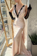 Vestido de sirena con escote en V, sin mangas, con encaje