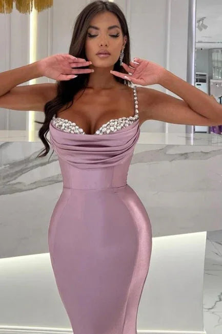 Vestidos de Baile com Alças Finas, Babados de Glicínia, Comprimento ao Chão, Decote Coração, Sem Mangas, em Cetim com Contas