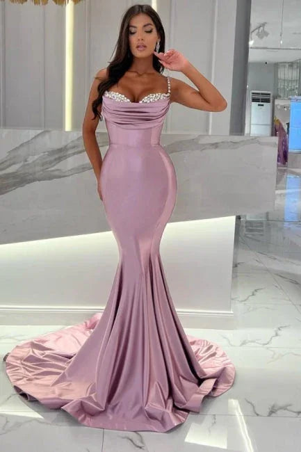 Vestidos de Baile com Alças Finas, Babados de Glicínia, Comprimento ao Chão, Decote Coração, Sem Mangas, em Cetim com Contas
