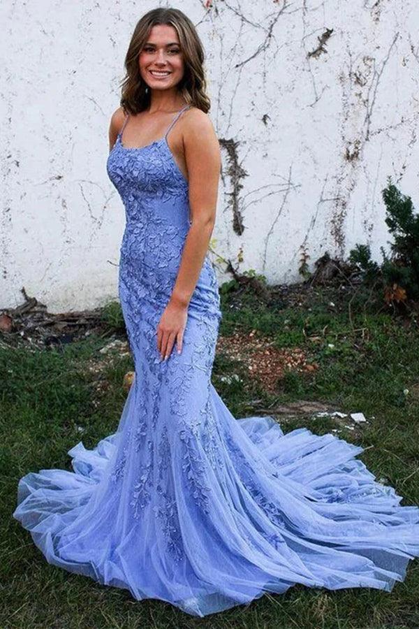 Vestidos compridos de baile formais azuis com renda e costas descobertas estilo sereia