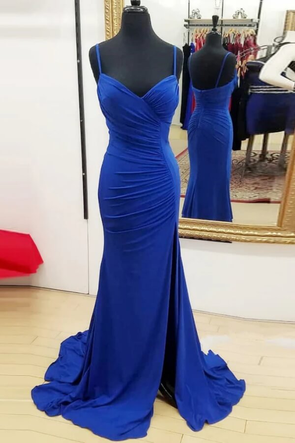 Vestidos de dama de honor de sirena de gasa con escote en V y tirantes finos con abertura 