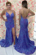 Vestido de fiesta con lentejuelas en la espalda y cordones estilo sirena con abertura SYP142