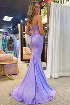 Robe longue de bal couleur lavande pailletée sirène avec perles