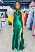 Mermaid Halter Satin Dark Green Long Prom Dress with Beads