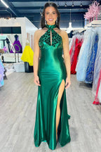 Mermaid Halter Satin Dark Green Long Prom Dress with Beads