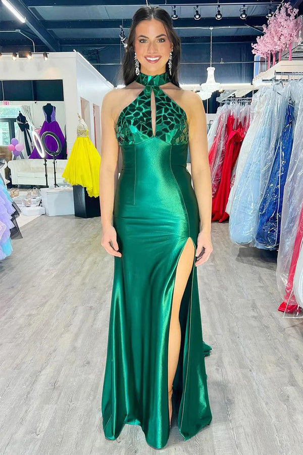 Mermaid Halter Satin Dark Green Long Prom Dress with Beads