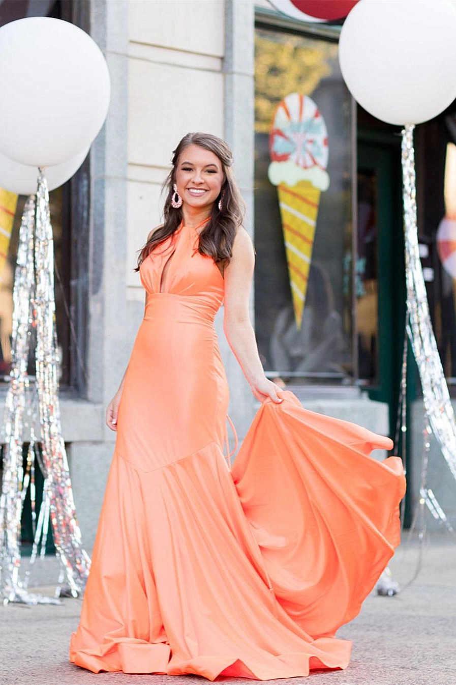 Vestido longo de cerimónia laranja com alças ao pescoço SYP153