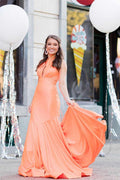 Vestido longo de cerimónia laranja com alças ao pescoço SYP153