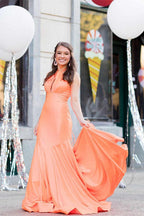 Vestido longo de cerimónia laranja com alças ao pescoço SYP153