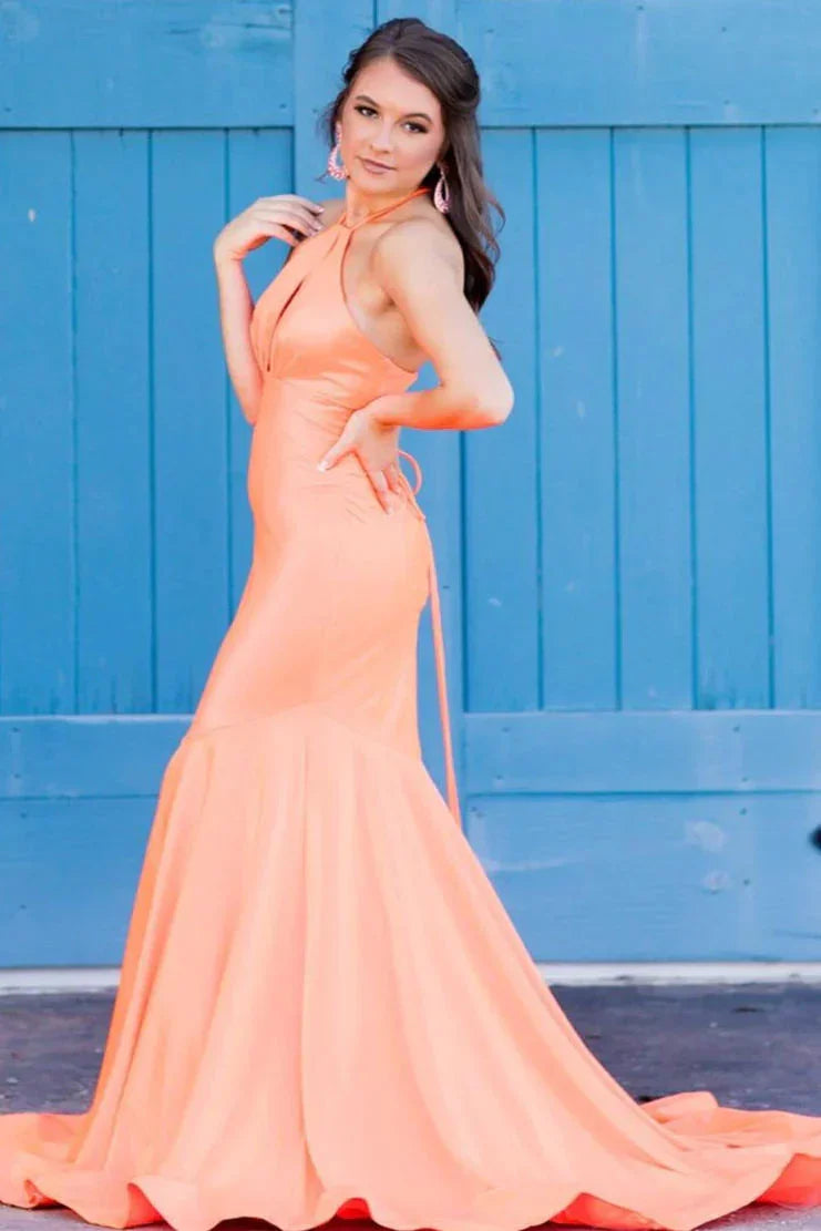 Vestido longo de cerimónia laranja com alças ao pescoço SYP153