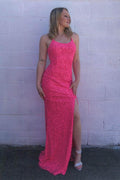 Vestido Sereia Rosa-Choque com Lantejoulas e Pompom, Fenda SYP92