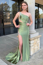 Mermaid One Shoulder Satin Sage Green Prom Dress with Split