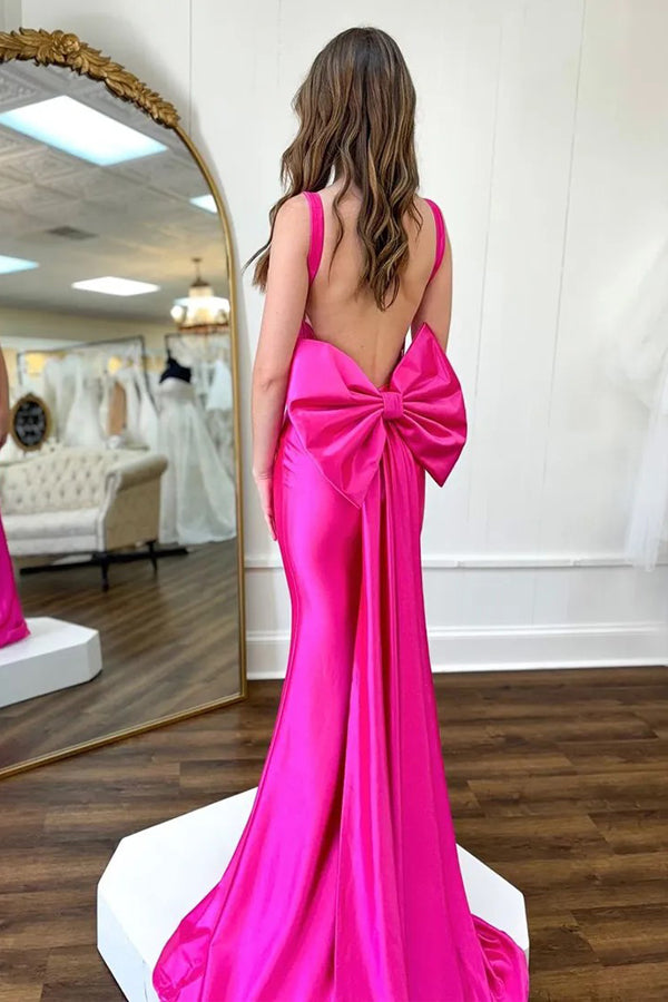 Vestido de Baile Fúcsia com Corpete de Alças Finas Estilo Sereia e Laço