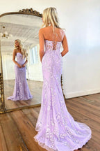 Vestido Comprido Formal Roxo com Renda no Decote Coração de Sereia para Baile