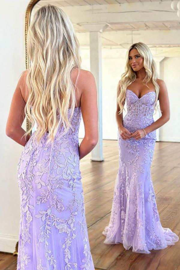 Vestido Comprido Formal Roxo com Renda no Decote Coração de Sereia para Baile