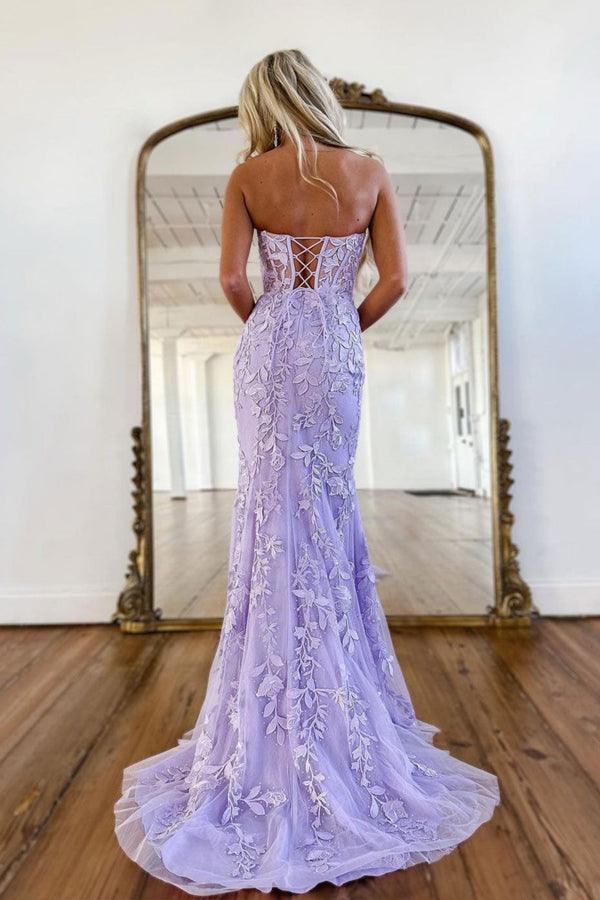Vestido Comprido Formal Roxo com Renda no Decote Coração de Sereia para Baile