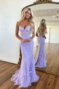 Vestido Comprido Formal Roxo com Renda no Decote Coração de Sereia para Baile