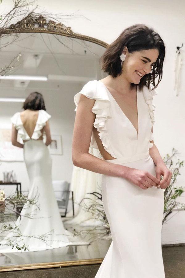 Vestido de Noiva com Decote em V, Mangas Curtas e Folhos