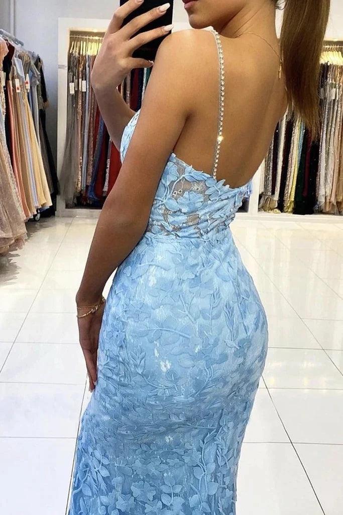 Vestido Comprido de Festa Azul com Decote em V, Costas Descobertas e Renda de Sereia