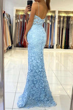 Vestido Comprido de Festa Azul com Decote em V, Costas Descobertas e Renda de Sereia