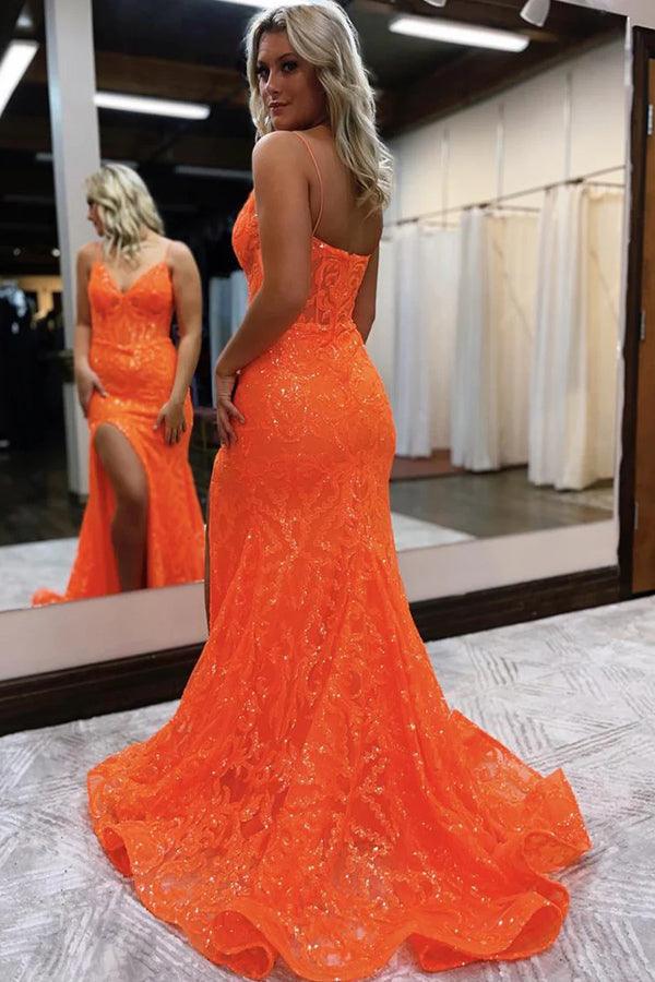 Meerjungfrau V-Ausschnitt Glitzer Schlitz Orange Langes Ballkleid PSK416