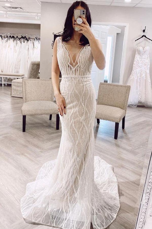 Robe de mariée dos nu en dentelle avec col en V sirène