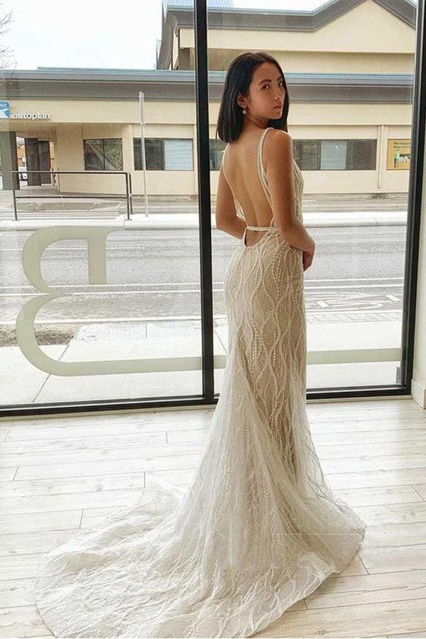 Robe de mariée dos nu en dentelle avec col en V sirène