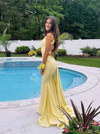 Mermaid V Neck Satin Long Prom Dress with Cross Back