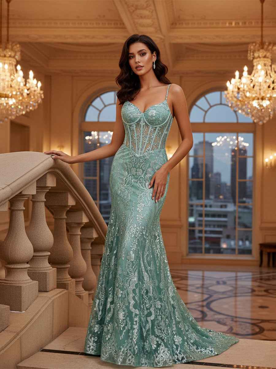Mermaid V Neck Sheer-Corset Long Glitter-Print Prom Dress