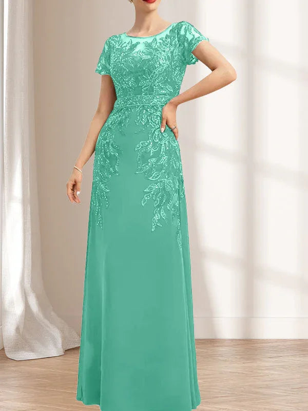 Vestido de madrina de novia con ilusión, corte columna y fajín, largo hasta el suelo, de encaje y gasa con lentejuelas