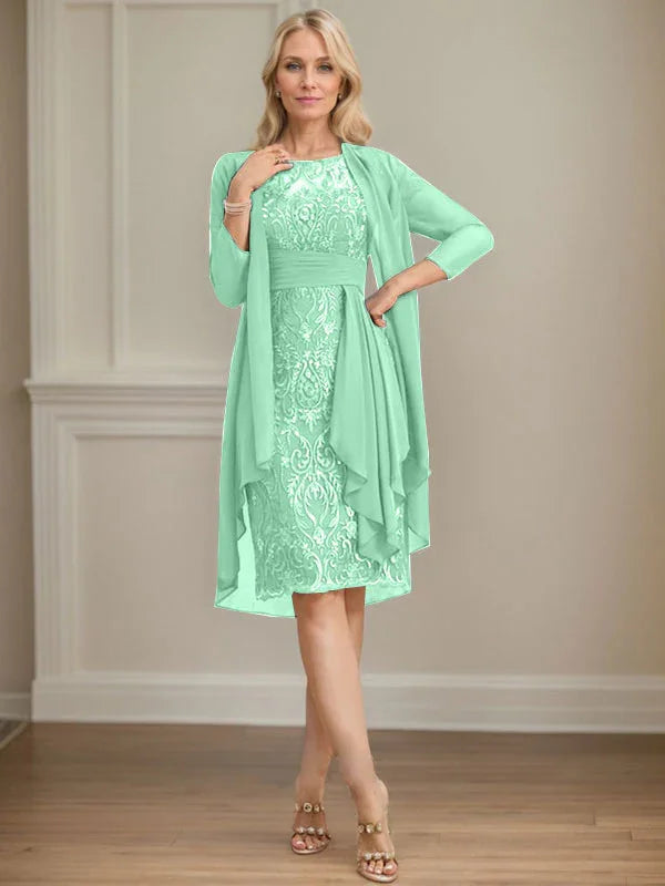 Etui/Säulenförmiges Kleid mit Illusion, knielang, aus Spitze und Chiffon, Brautmutterkleid mit herabfließenden Rüschen und Pailletten