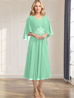 A-line V-Neck Tea-Length Chiffon Mother of the Bride Dress With Pleated Sequins Appliques Lace Beadind