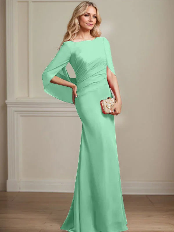 Vestido de madrina de novia de gasa con cuello barco estilo trompeta/cola de sirena y largo hasta el suelo con pliegues