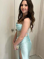Yellow Satin Mermaid Prom Dress With Scoop Neck Beading Slit