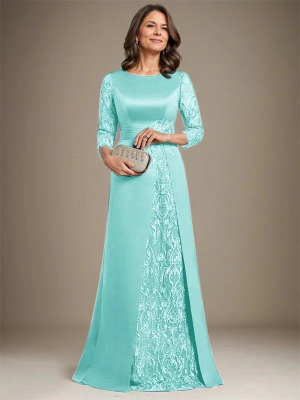 A-Line Scoop Floor-Length Lace Satin Mother Of the Bride Dress With Applique by Dreamylily