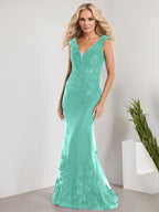A-line V-Neck Floor-Length Lace Chiffon Mother of the Bride Dress With Applique Sequins Mermaid Dresses