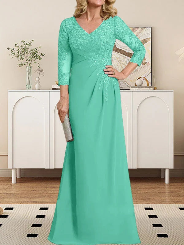 Vestido de madrina de novia con escote en V ilusión, corte columna, largo hasta el suelo, de encaje y gasa con lentejuelas plisadas