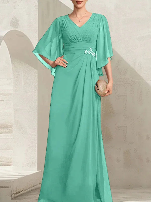 Vestido de madrina de novia de gasa largo hasta el suelo, corte columna y escote en V, con lentejuelas plisadas y abalorios