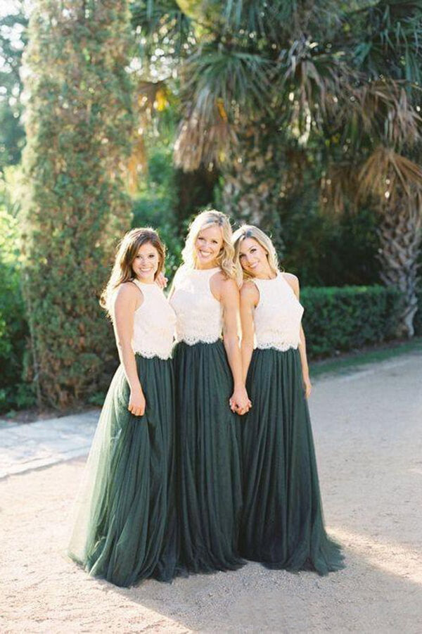 Top in pizzo avorio modesto con tulle verde foresta, scollo rotondo, abito da damigella d'onore
