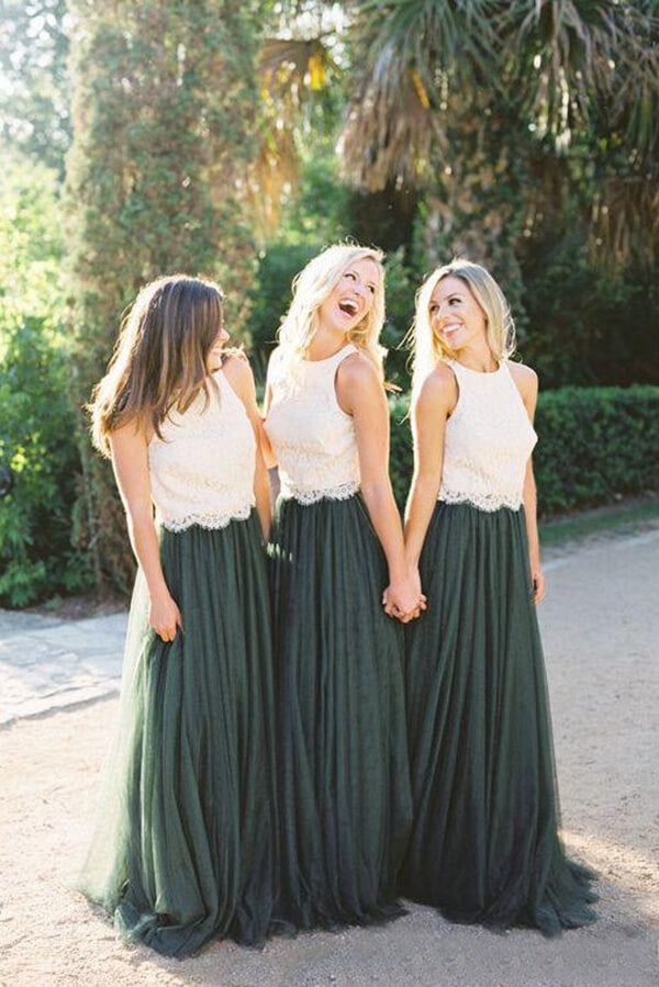 Top in pizzo avorio modesto con tulle verde foresta, scollo rotondo, abito da damigella d'onore