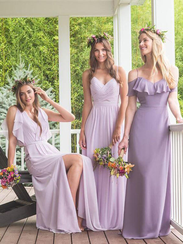 Vestidos de dama de honor largos, de gasa, de corte A, color morado, con cortes disparejos 