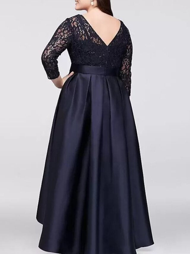 Vestido plus size para mãe da noiva assimétrico decote redondo e linha