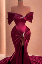 Vestidos de fiesta Mulberry Mermaid con volantes fuera del hombro y abertura frontal con abalorios