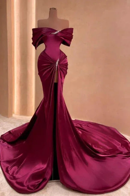 Vestidos de fiesta Mulberry Mermaid con volantes fuera del hombro y abertura frontal con abalorios