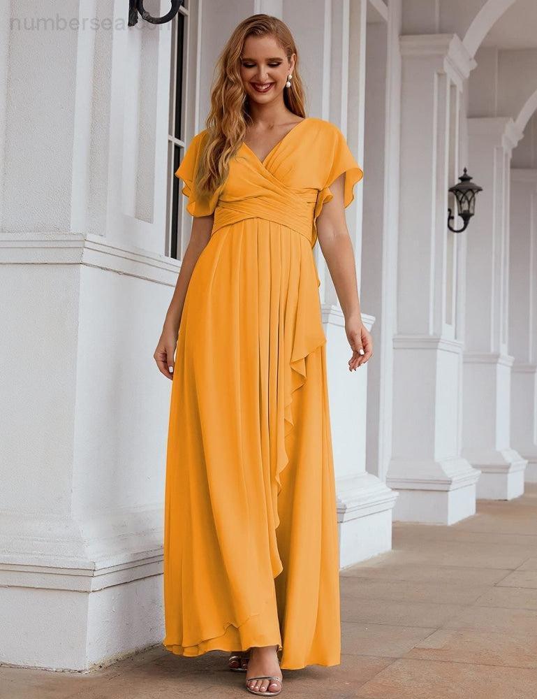 Chiffon Bridesmaid Dresses Long Formal Evening Prom Mother of The Bride Dress with Flutter Sleeve SEA28040
