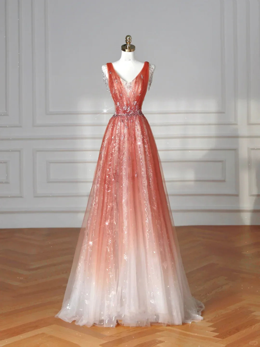 Vestido de fiesta largo de tul con escote en V elegante, lentejuelas, color rosa fresa, corte en línea A Y8614